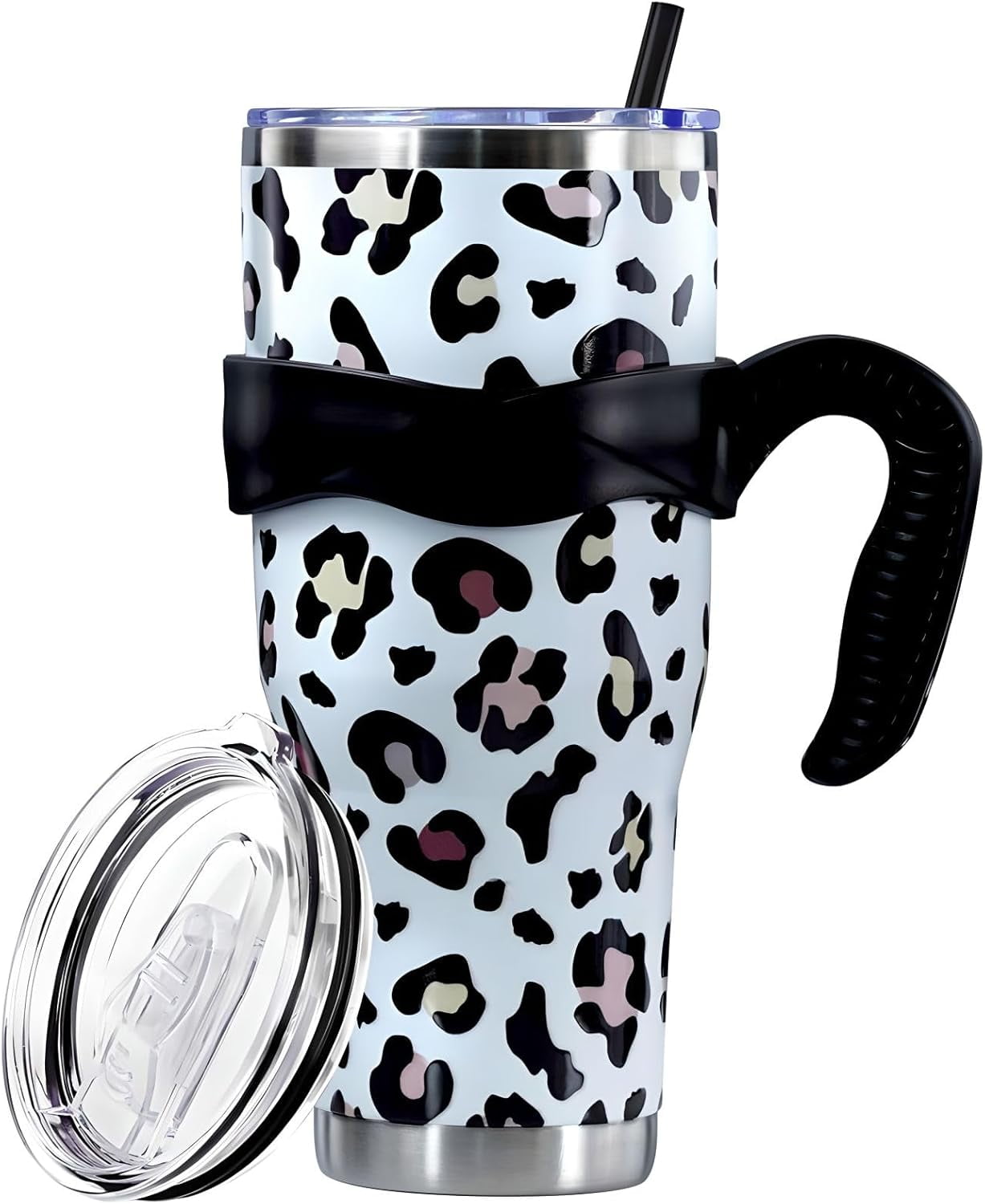 Frostbuddy™ Sunmdecor Pink Leopard Print Tumbler with Handle and Silicone Straws - Insulated Travel Tumbler Cup
