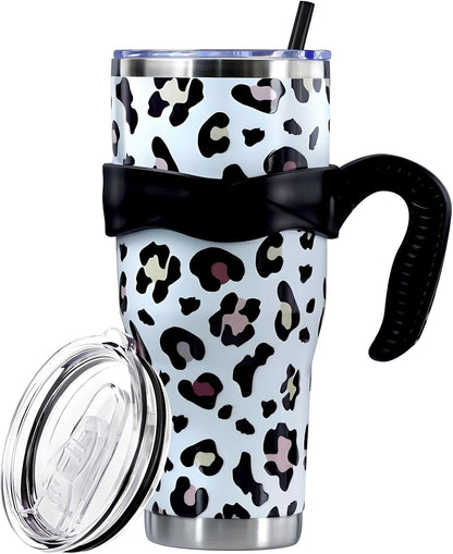Frostbuddy™ Sunmdecor Pink Leopard Print Tumbler with Handle and Silicone Straws - Insulated Travel Tumbler Cup