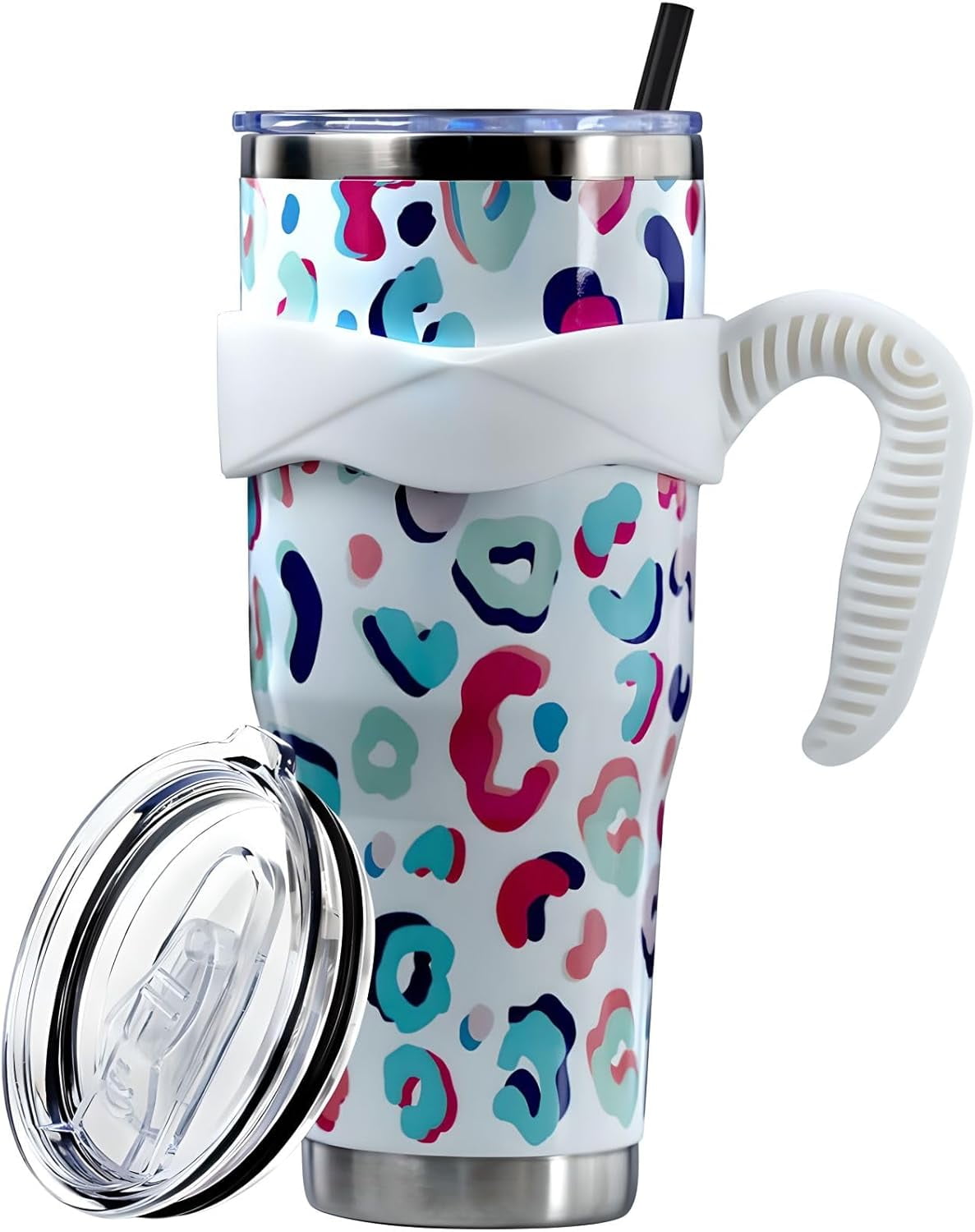 Frostbuddy™ Sunmdecor Pink Leopard Print Tumbler with Handle and Silicone Straws - Insulated Travel Tumbler Cup