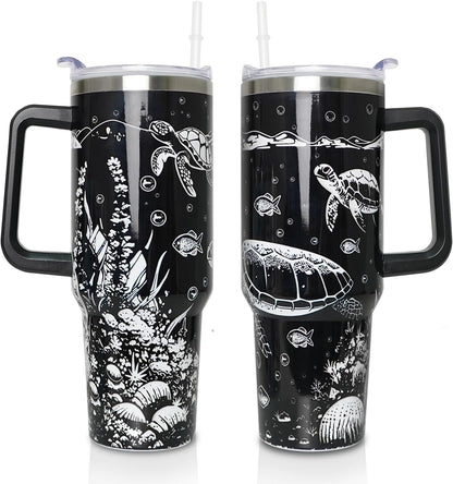 Frostbuddy™ 40 oz Tumbler with Handle and Straw Lid, Purple Butterfly Insulated - Reusable Stainless Steel Cup