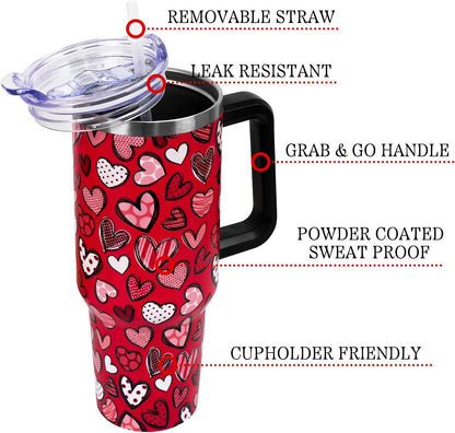 Valentines Day Gifts 40 oz Tumbler with Handle and Straw Lid,Cute Valentine''s Day Gift for Her Women Girlfriend Wife Red Love Hearts Vacuum Insulated Leak Proof Stainless Steel Coffee Cup Mug