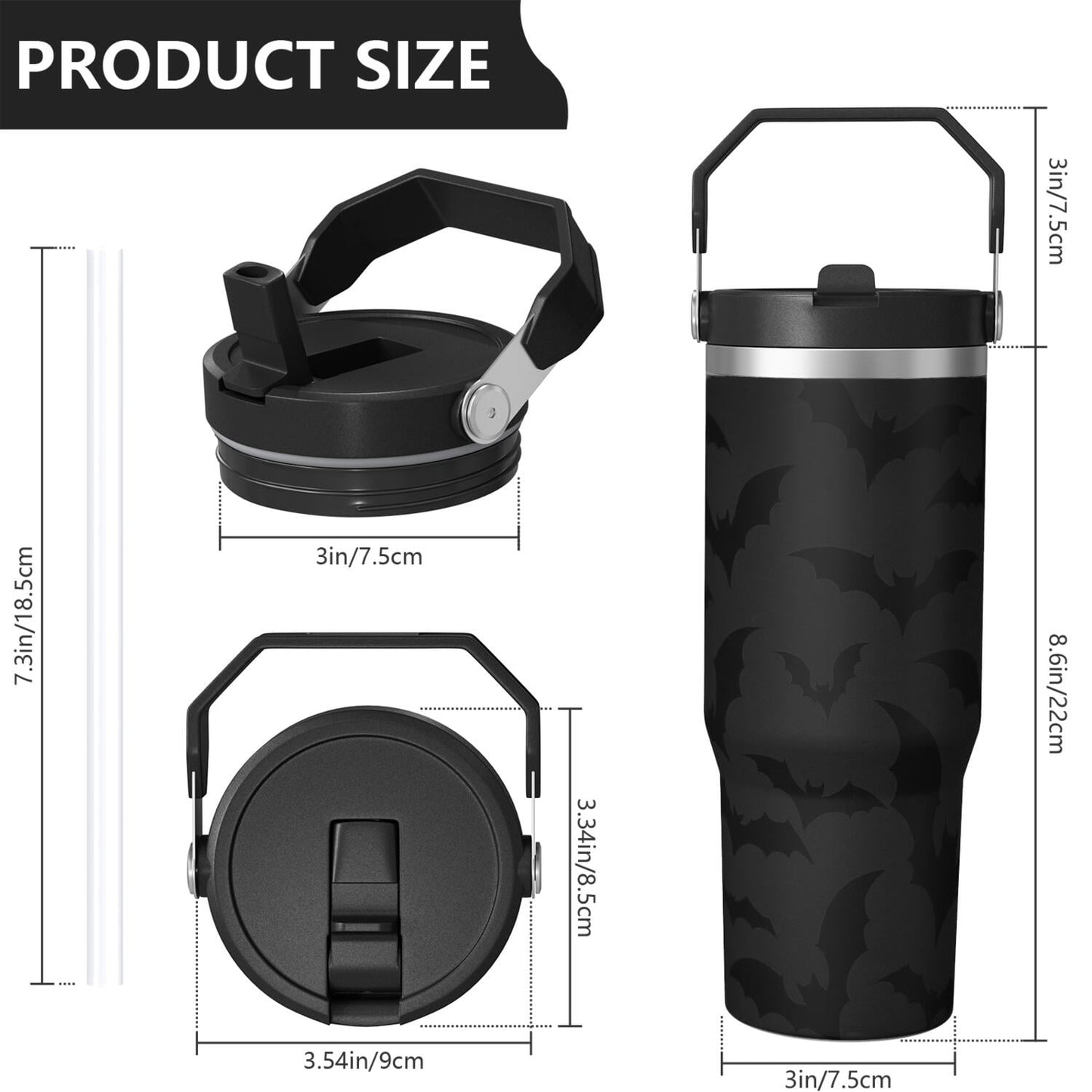 1pc Halloween Bat 30oz Tumbler with Straw & Handle - Insulated Stainless Steel Cup | Holiday Gift for Man Women (Christmas, Valentine's, Birthday)
