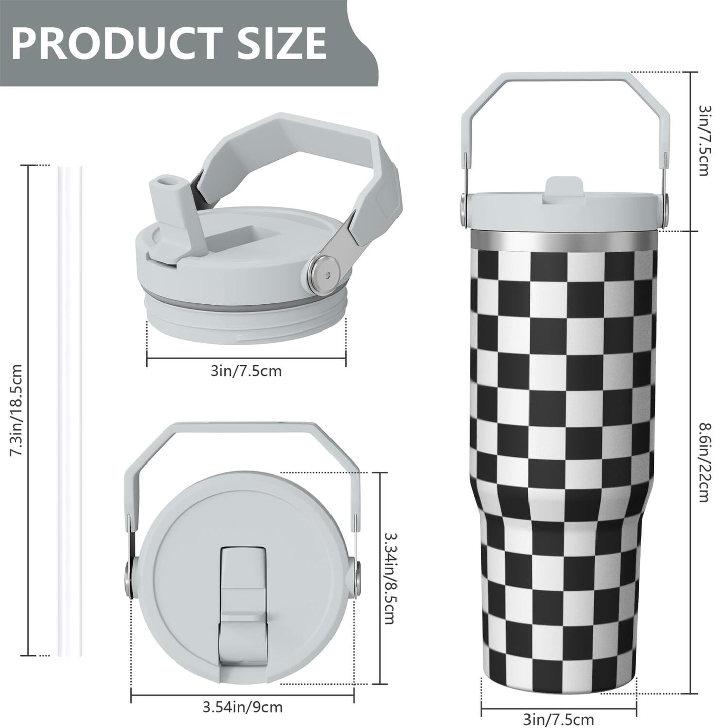 1pc Black and white grid 30oz Tumbler with Straw & Handle - Insulated Stainless Steel Cup | Holiday Gift for Man Women (Christmas, Valentine's, Birthday)