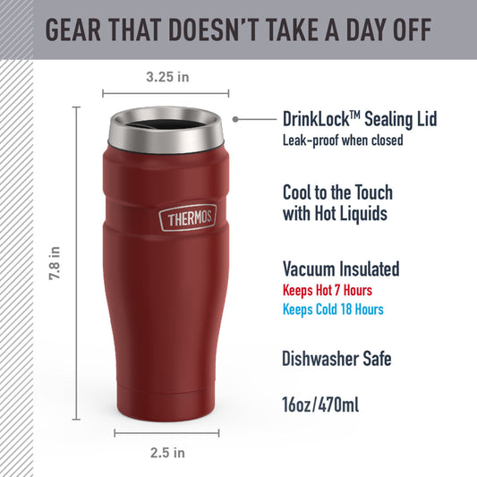Thermos Stainless King Vacuum Insulated Stainless Steel Tumbler, 16oz, Matte Rustic Red