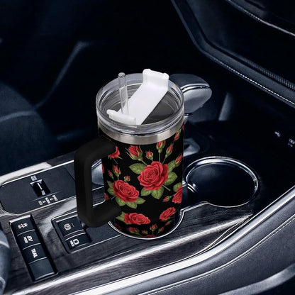 40 oz Insulated Floral Flowers Red Rose Coffee Tumbler with Portable Handle, Stainless Steel Vacuum Travel Mug for Unisex Home, Office Use
