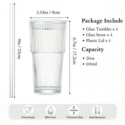 20 oz Clear Ribbed Glass Tumbler with Lid and Straw, Spill-proof Iced Coffee Cups, Hobnail Drinking Set of 4, Vintage Glassware