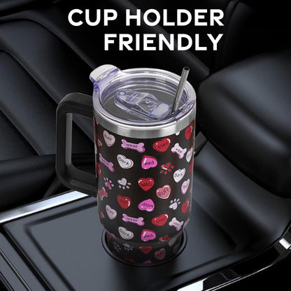 Valentines Day Gifts 40 oz Tumbler with Handle and Straw Lid,Valentine''s Day Gift for Her Women Girlfriend Wife Dog Bones and Candy Hearts Vacuum Insulated Leak Proof Stainless Steel Coffee Cup Mug