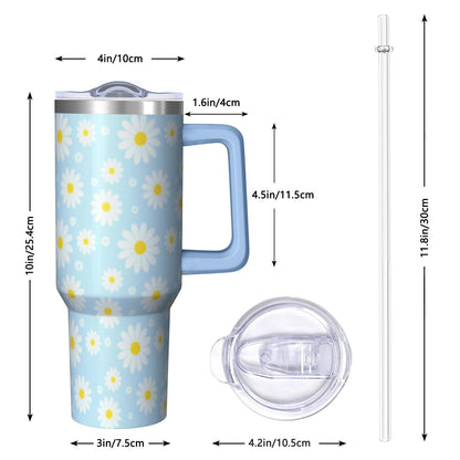 1pc daisy 40oz Tumbler with Straw & Handle - Insulated Stainless Steel Cup | Holiday Gift for Man Women (Christmas, Valentine's, Birthday)